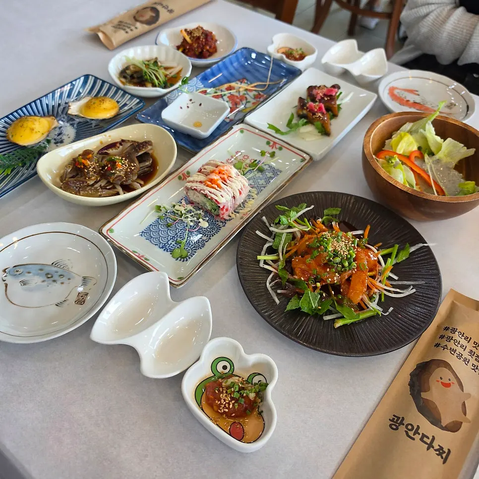 Gwanganda Jjji basic side dish spread laid out on the table