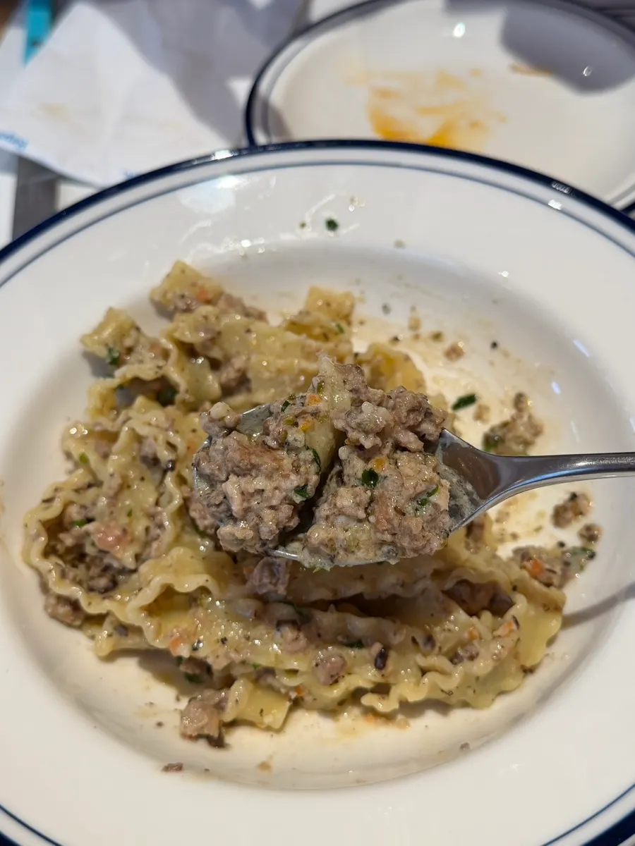 A forkful of pasta loaded with meat