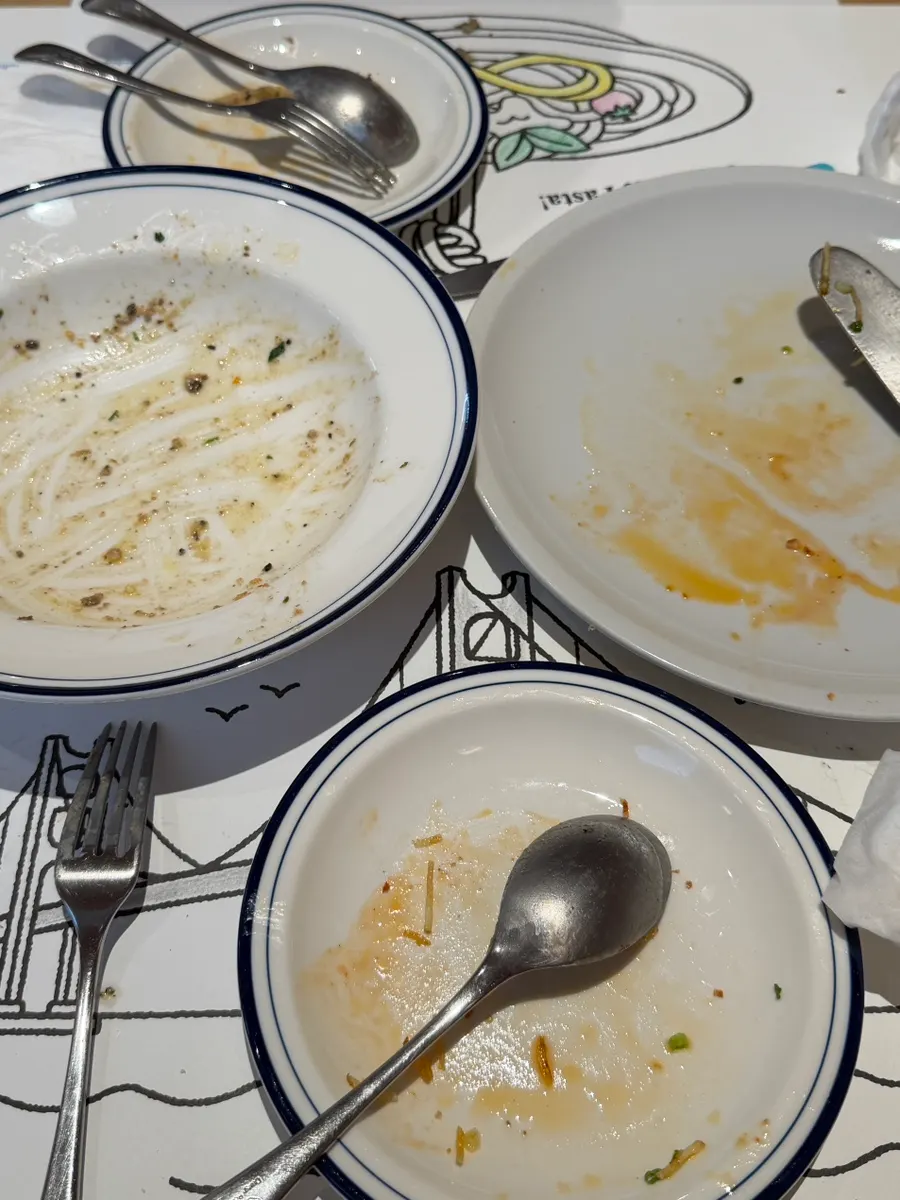 Emptied pizza and pasta plates