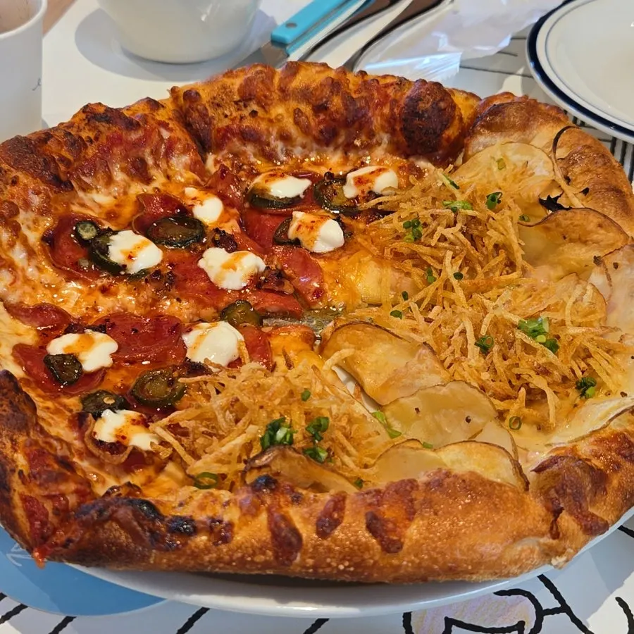 Half-and-half pizza with hot honey pepperoni and potato