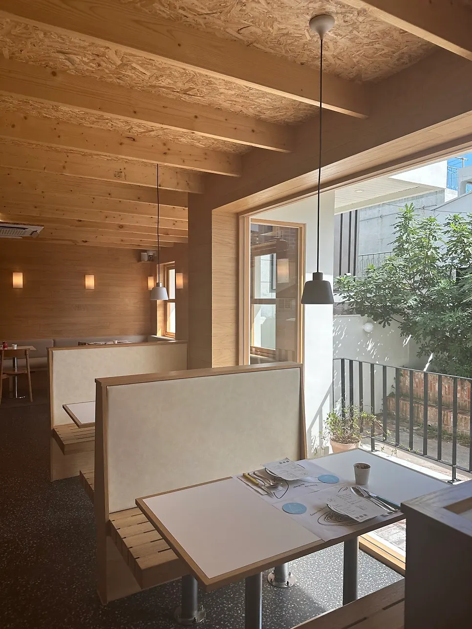 Window seat overlooking the outdoor garden