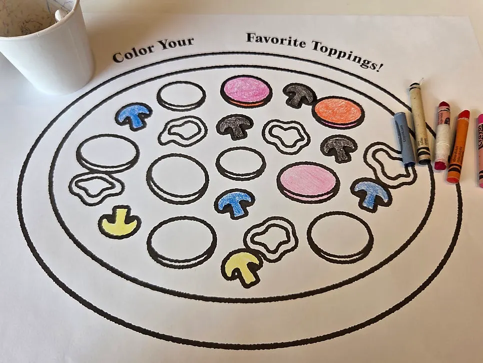 Coloring sheet with a pizza topping drawing