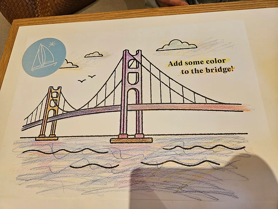 Table scene of coloring while waiting for food