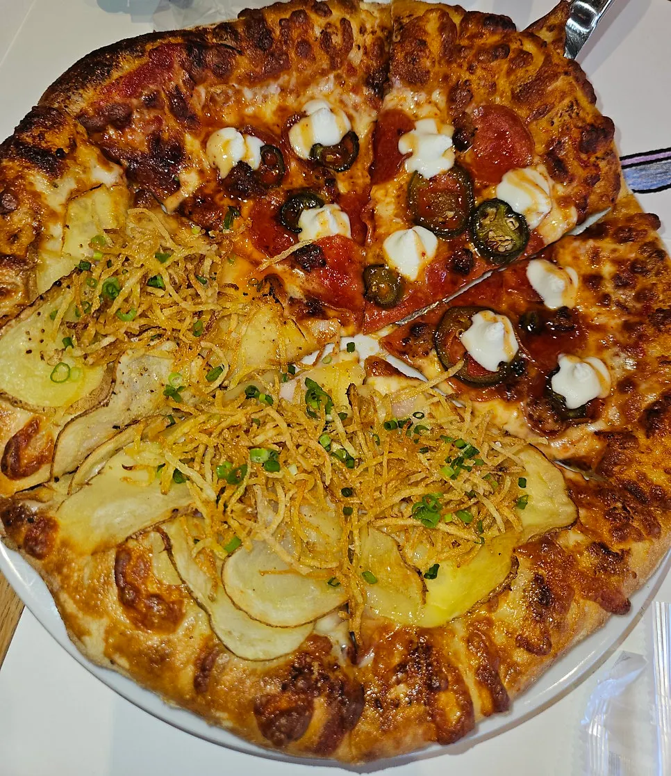 Whole half-and-half hot pepperoni and potato pizza