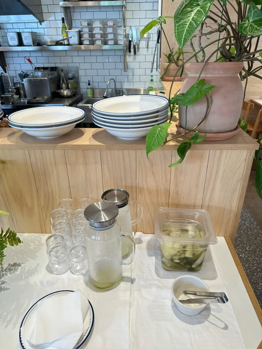 Lime water and house pickles at the self-bar