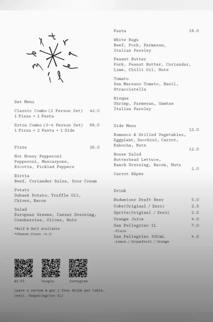 Extra Mile's menu board