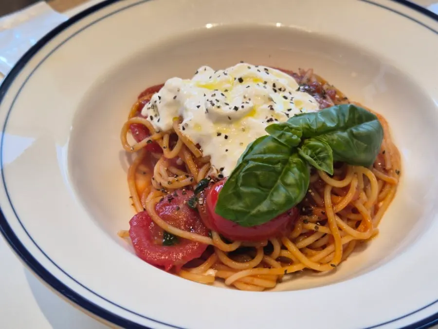 Tomato pasta topped with stracciatella cheese