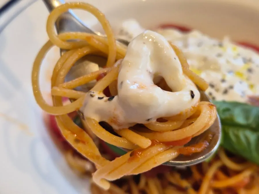 Tomato pasta served with cheese ready to be added on top