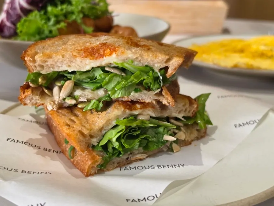 Cheese toast piled high with rocket