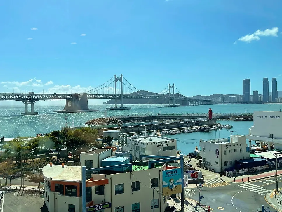 Daytime view of Gwangan Bridge from the window at Geumrang Hoetjip