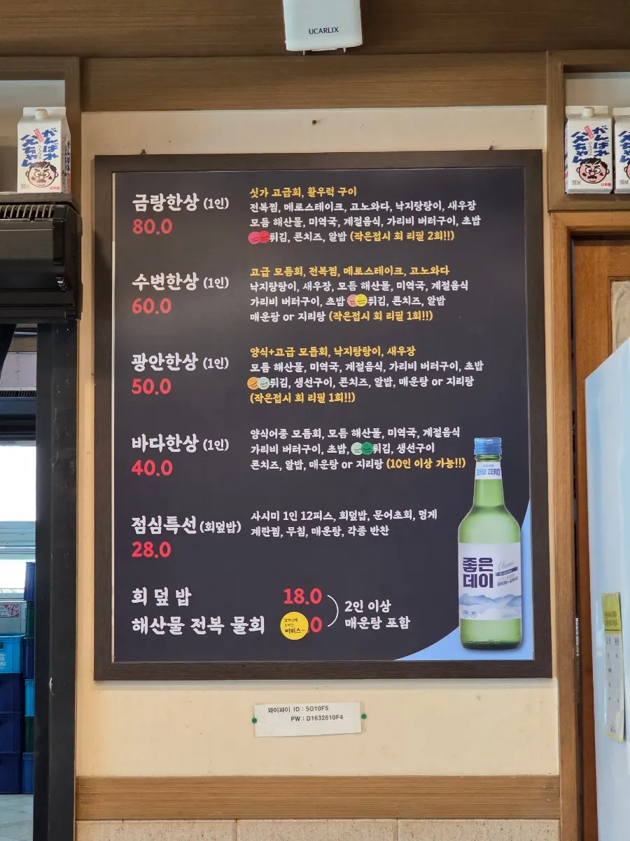 Menu board and price list for Geumrang Hoetjip's hansang courses