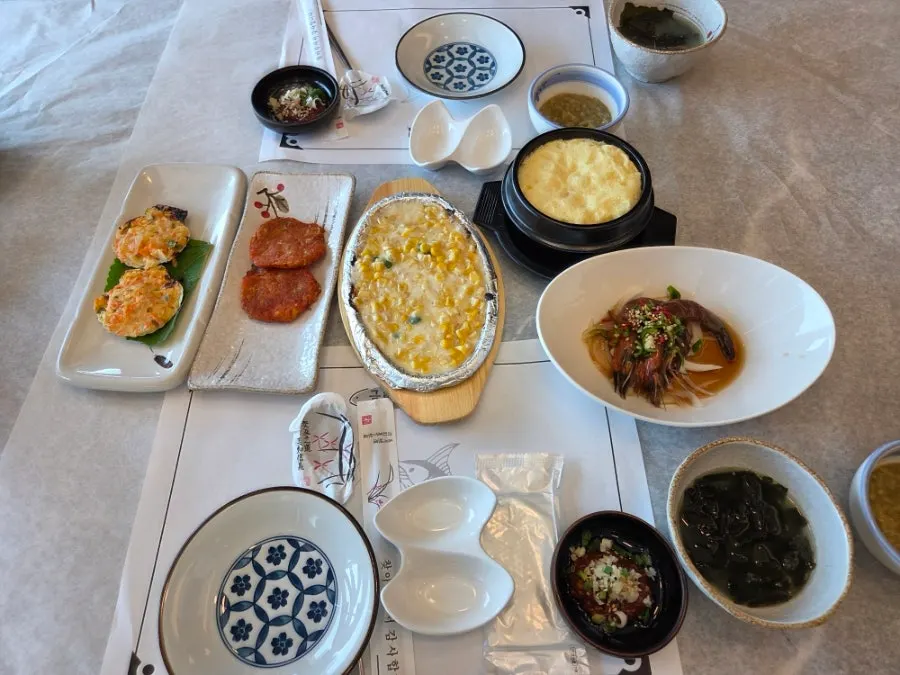 Banchan sides set out as part of the suryeon hansang for two