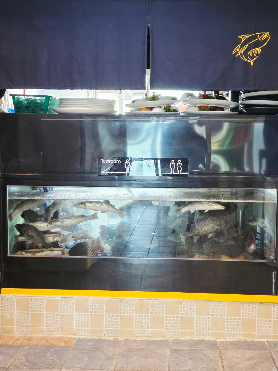 Live fish tank and prep area at Geumrang Hoetjip