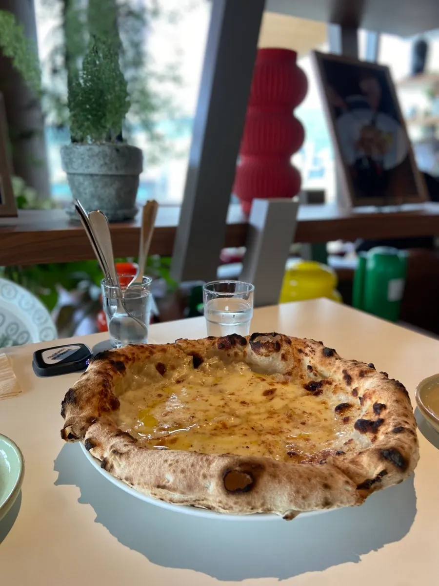 Pizza and pasta served at the window-side table