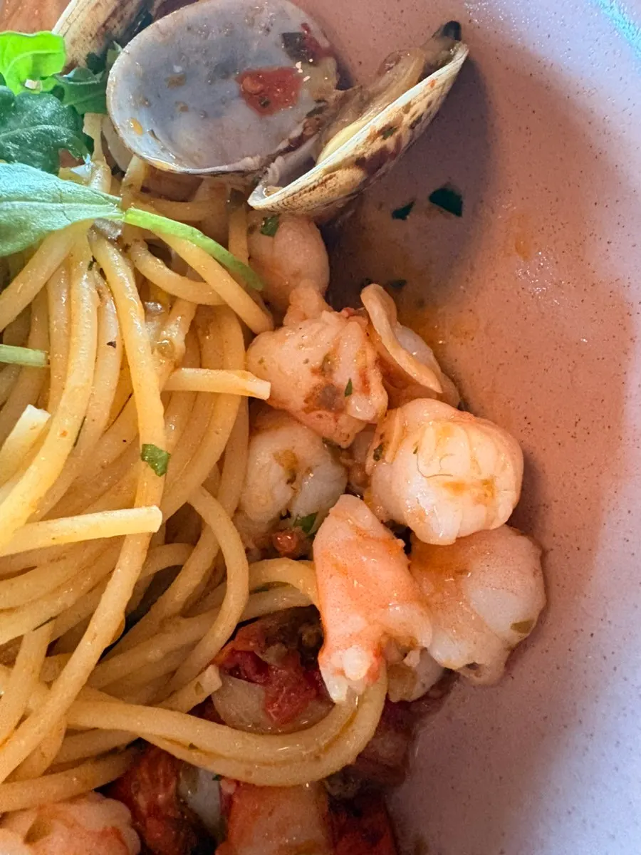 Close-up of whole shrimp in the pasta