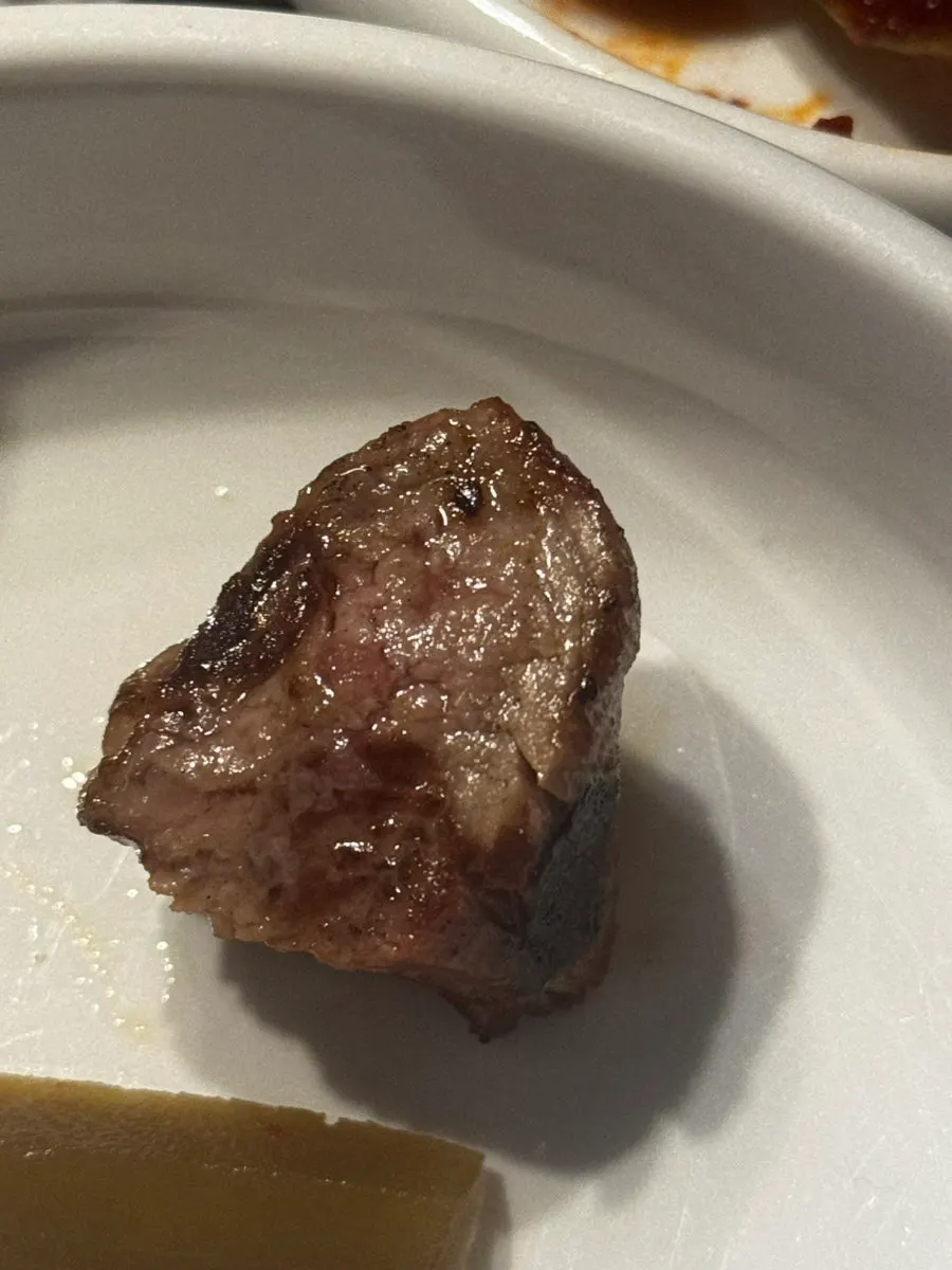 Grilled meat lined up neatly beside the grill plate
