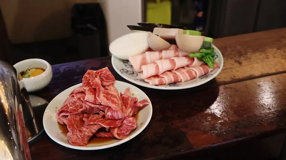 Premium sirloin and thinly sliced pork belly