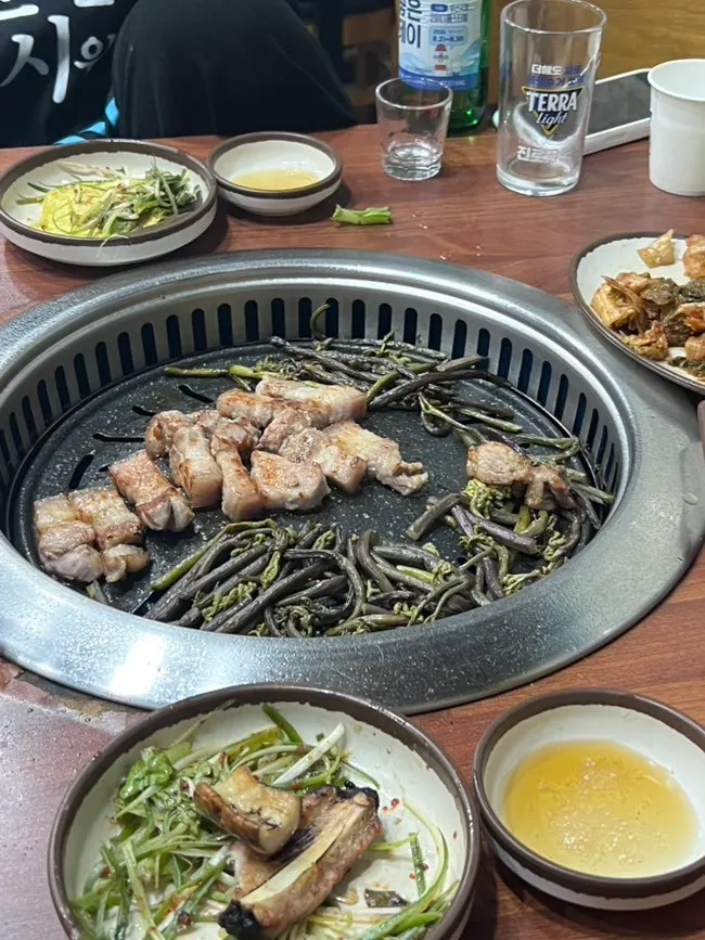 Pork belly grilled golden-brown, including the skin