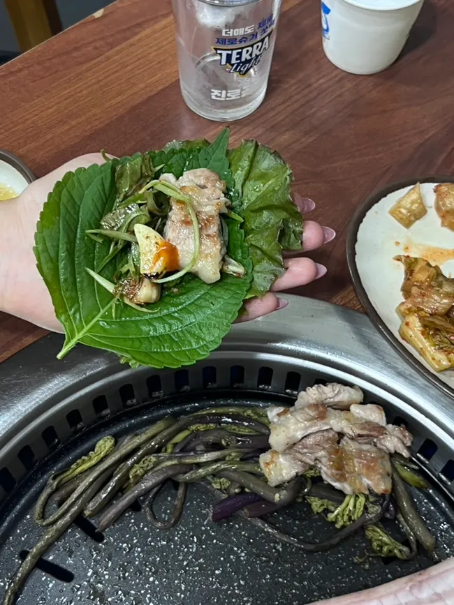 Pork belly grilled with Jeju bracken fern and myeol젓