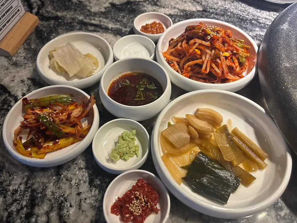 Side dishes neatly arranged at the pork BBQ restaurant
