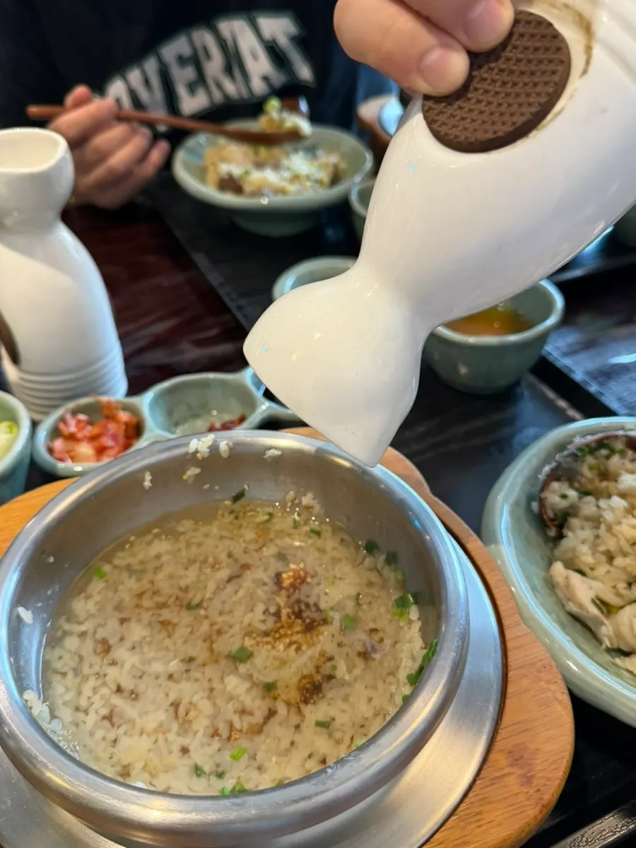 Salted seafood, kimchi, salad, and miso soup