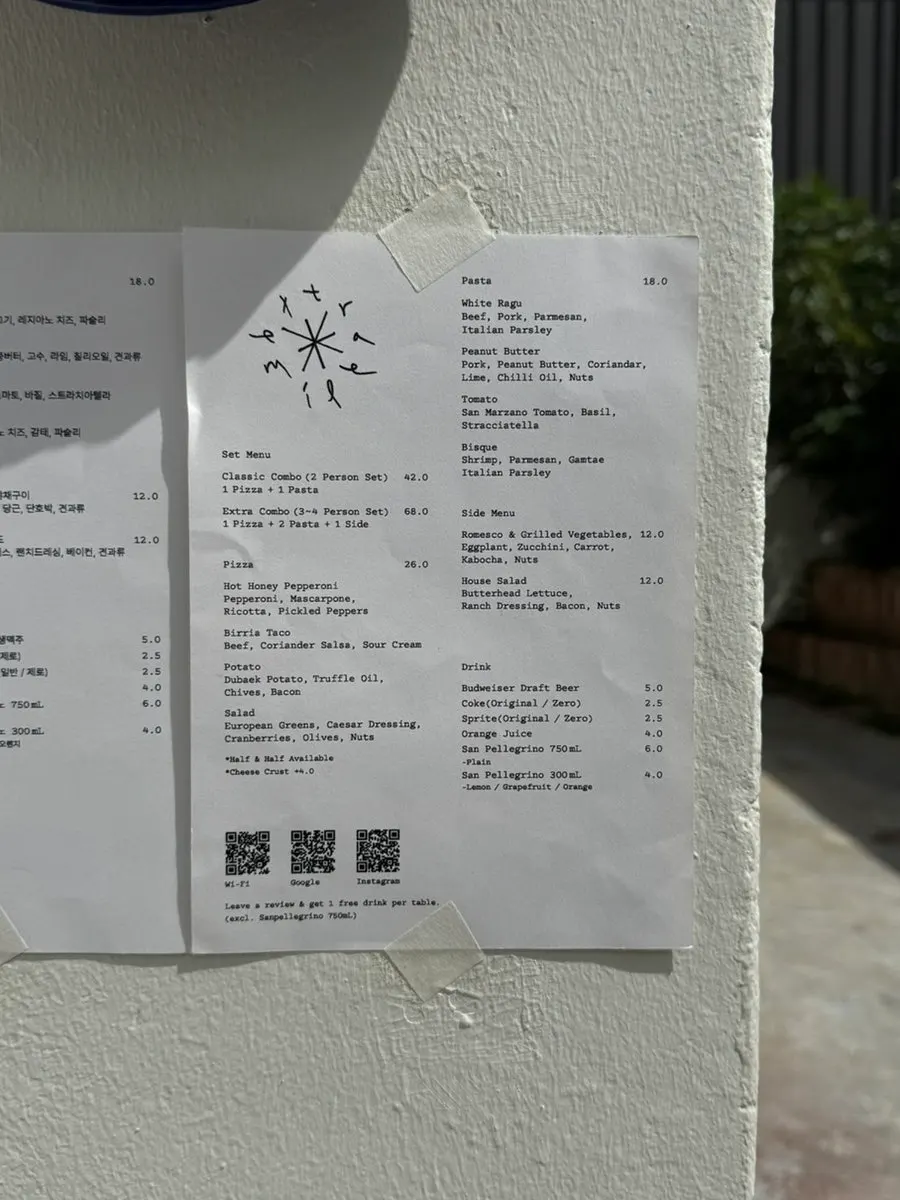 Pizza and pasta menu