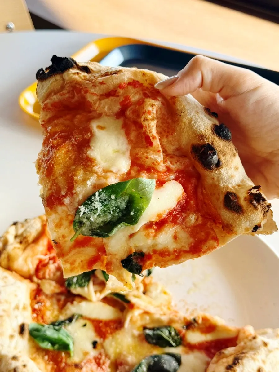 A lifted slice of margherita pizza