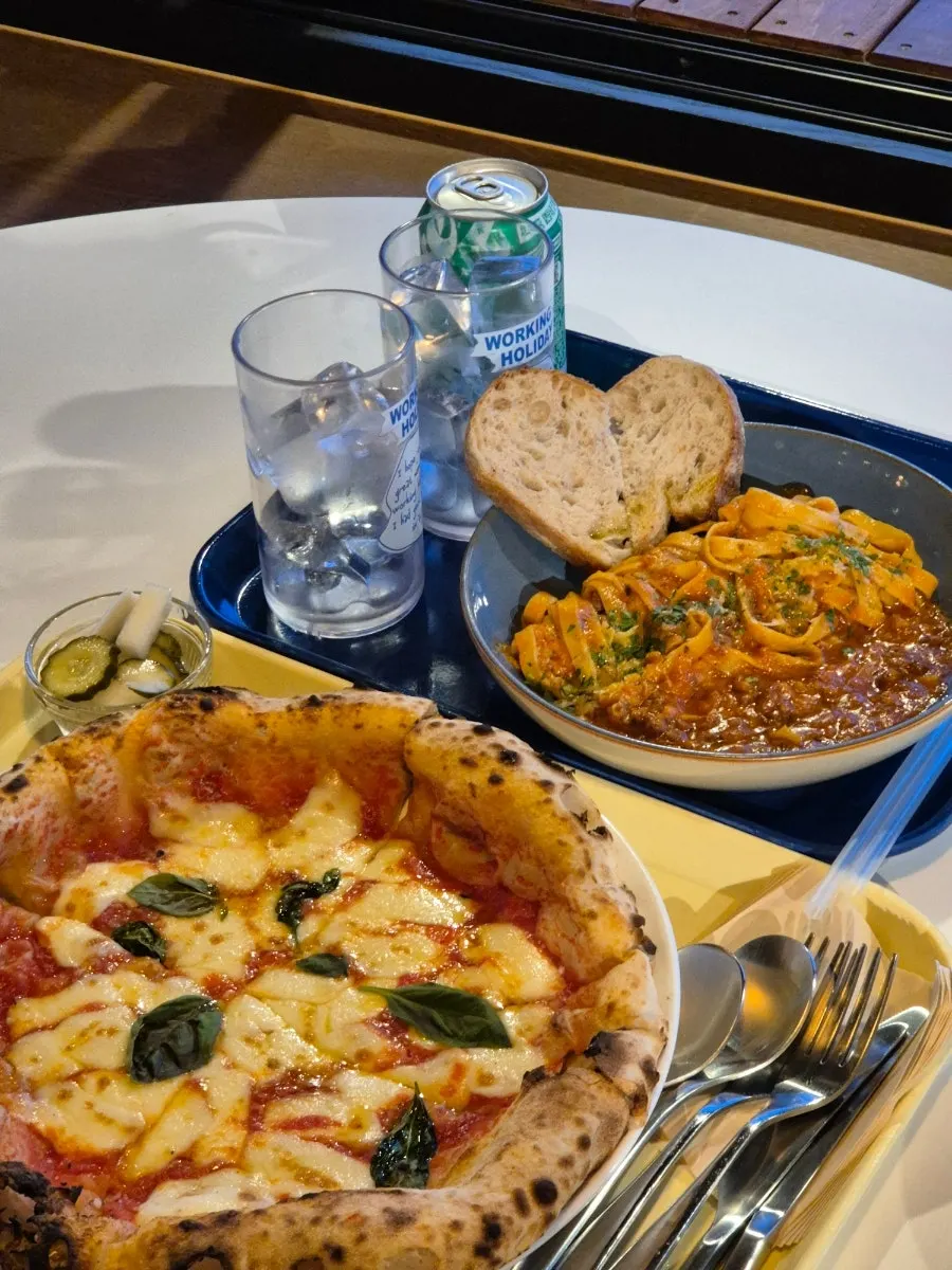 Pizza and pasta set on the table