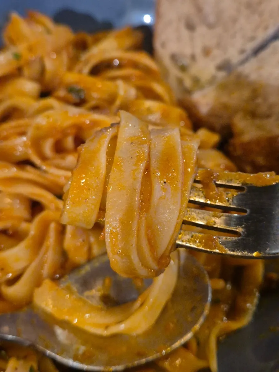 Wide noodles coated in tomato sauce