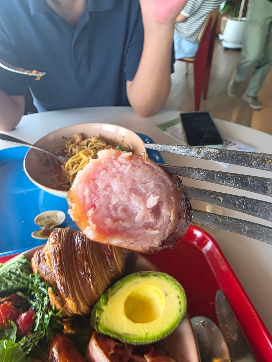Brunch plate with bacon, sausage, and avocado