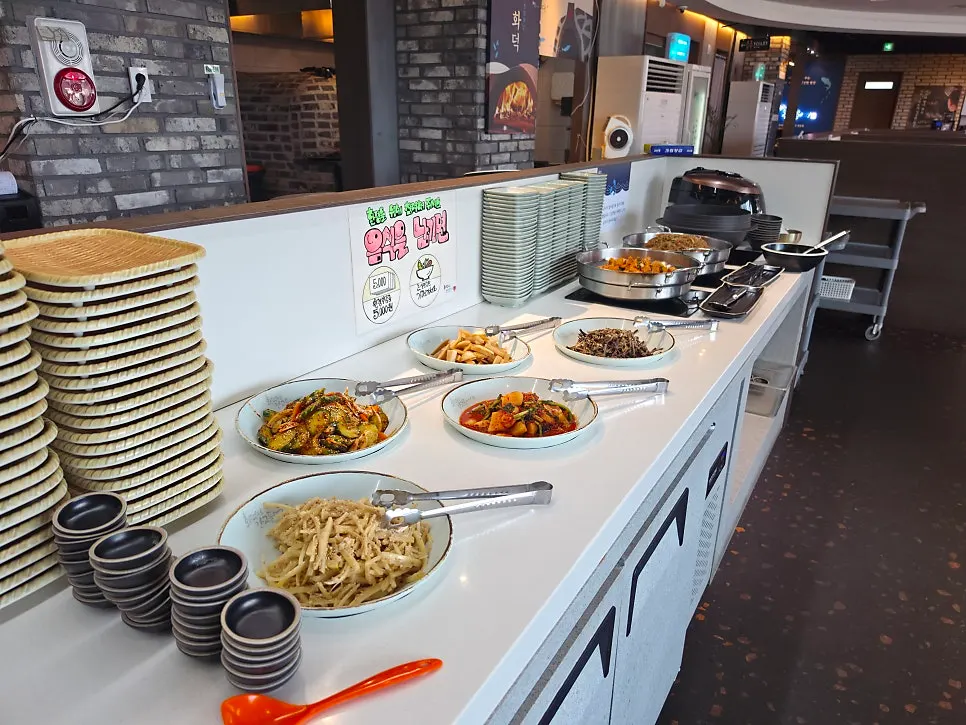 Namul and side dishes laid out at the self-bar