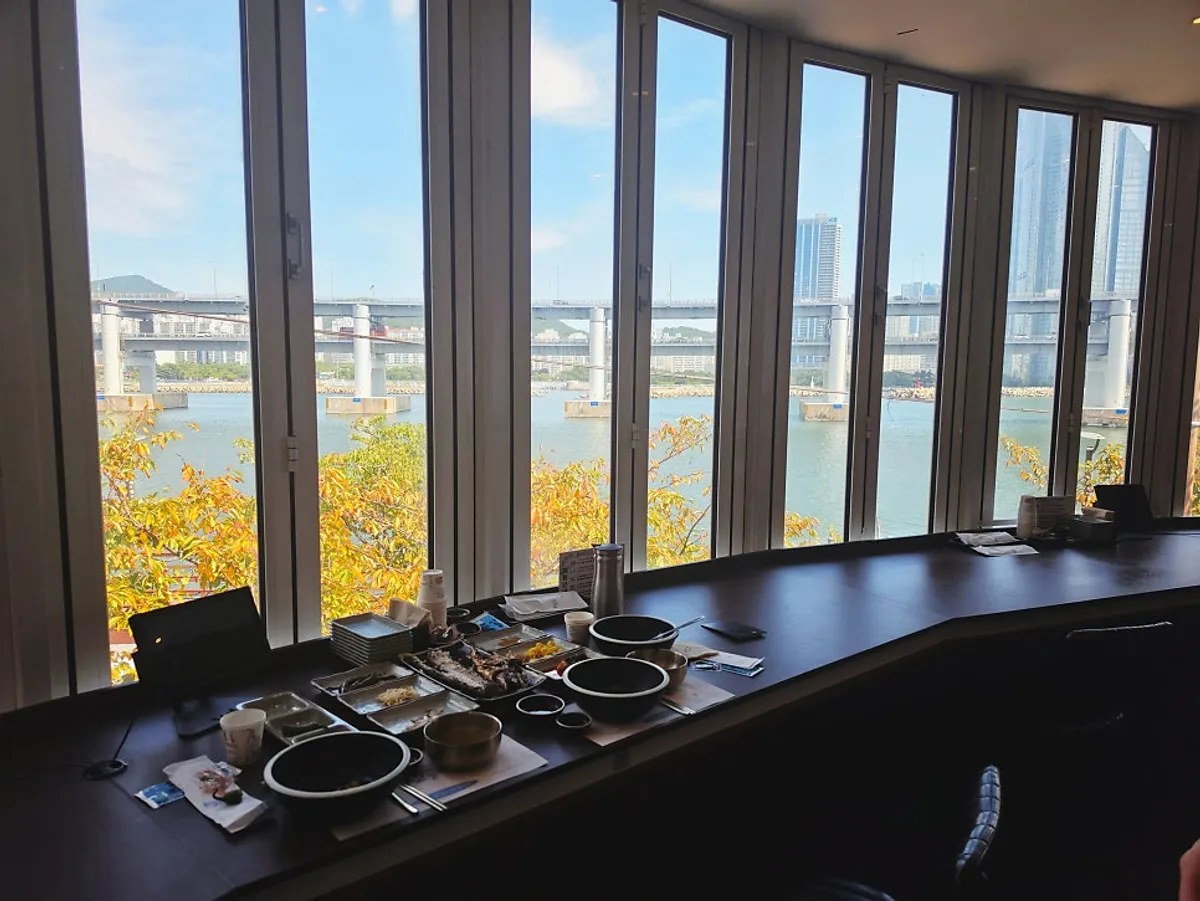 Panoramic view of Gwangan Bridge through the window