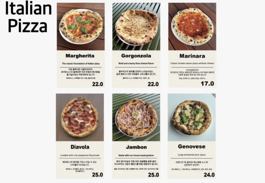 Menu board listing pasta and pizza