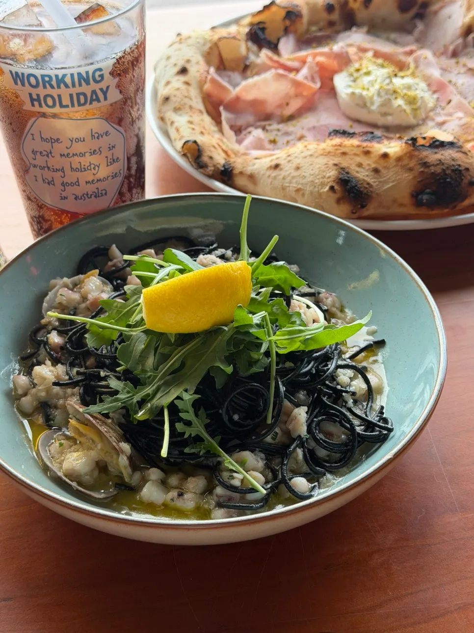 Plate of squid aglio olio pasta
