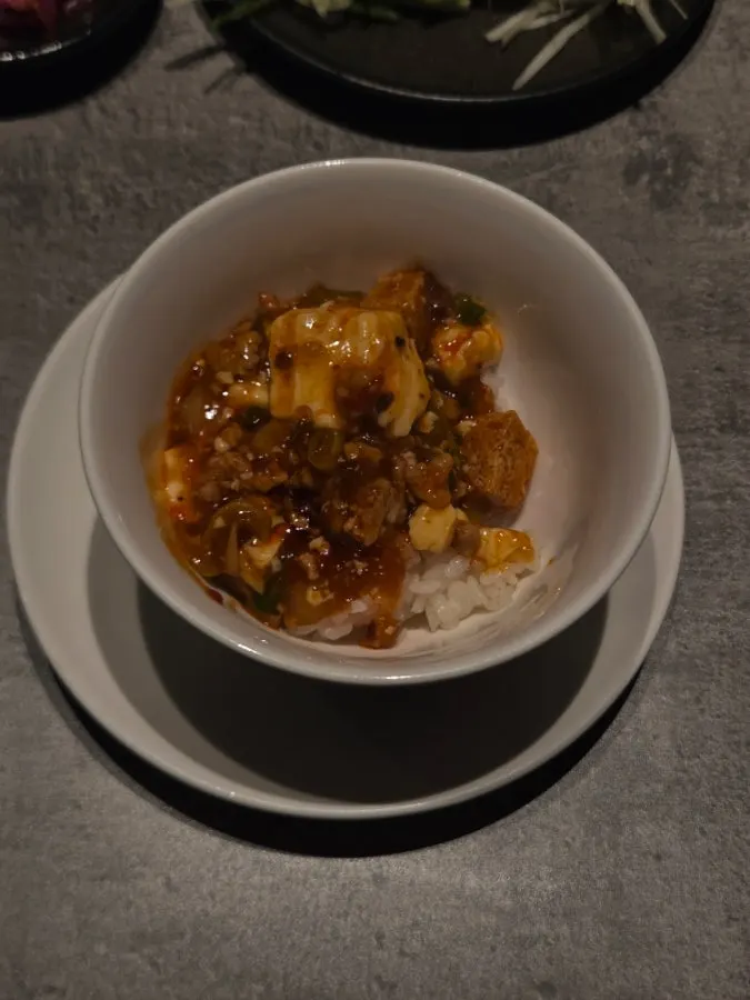 Close-up of rich mala-flavored mapo tofu