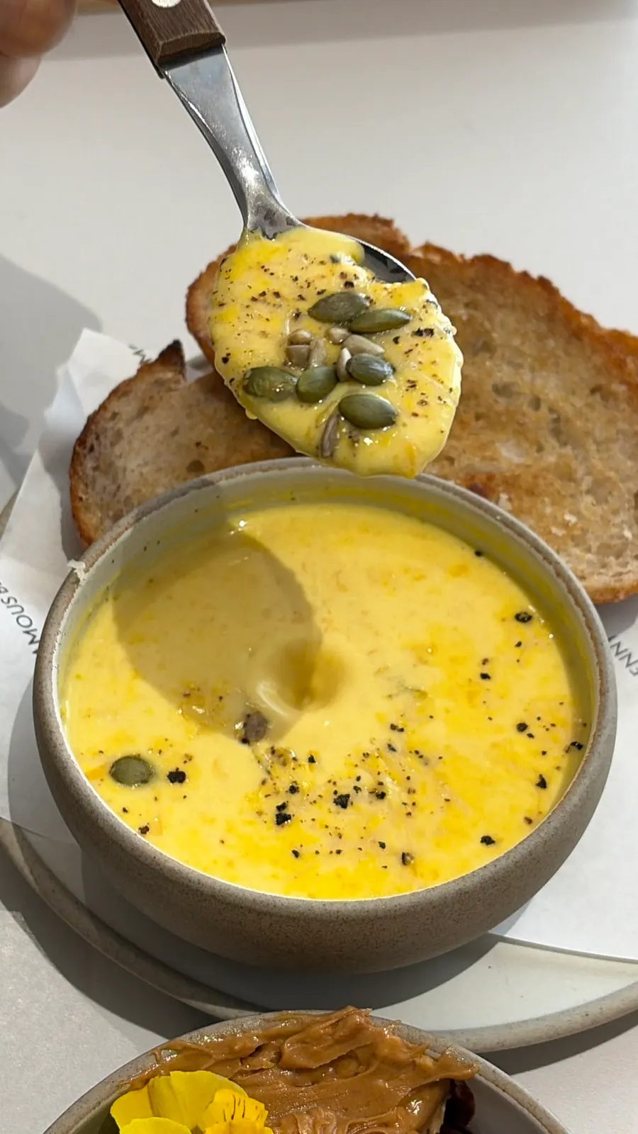 Kabocha squash soup and multigrain bread