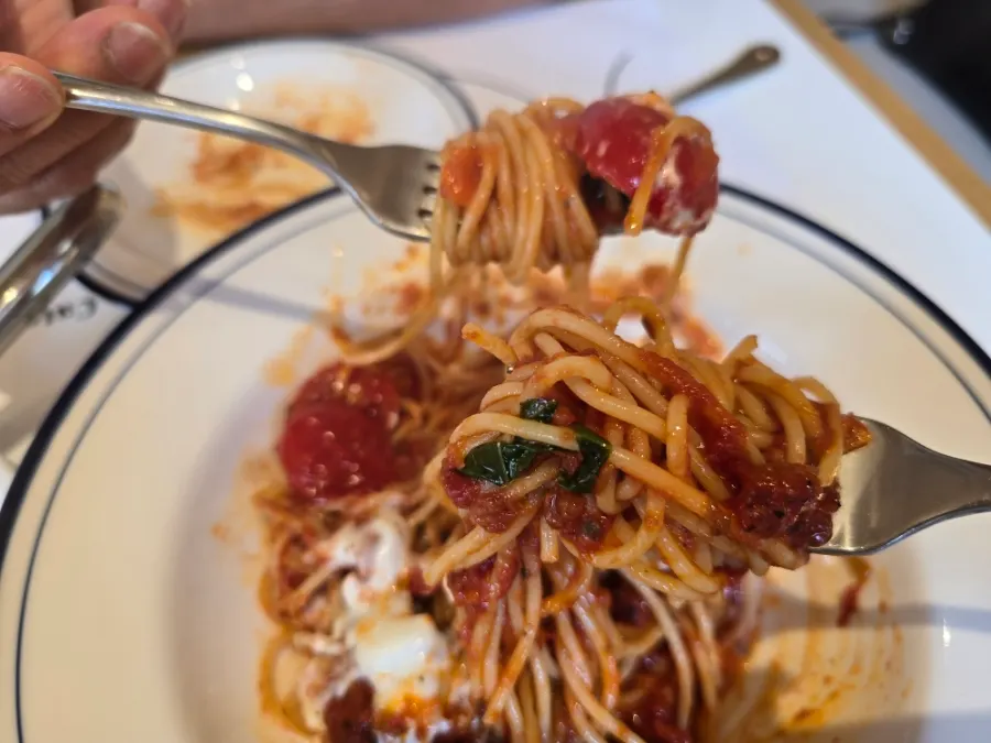 Pasta twirled around a fork
