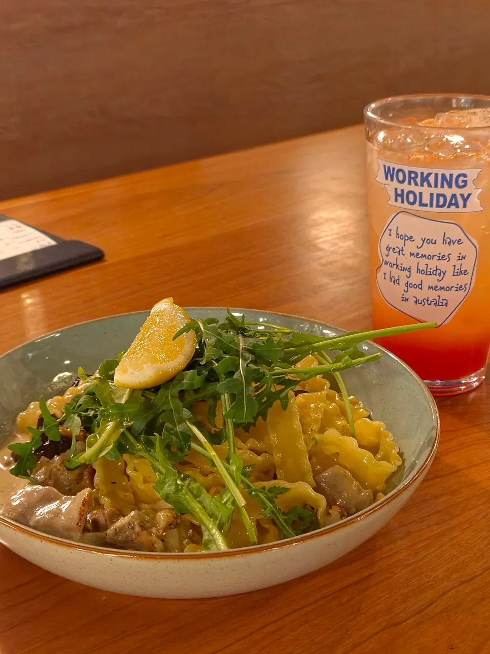 Fricasee Pasta and grapefruit ade
