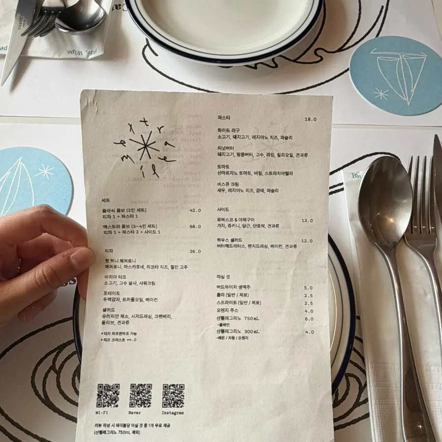 Photo of Extra Mile's menu alongside the table setting