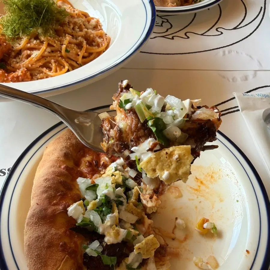 Cross-section of birria taco pizza with toppings removed