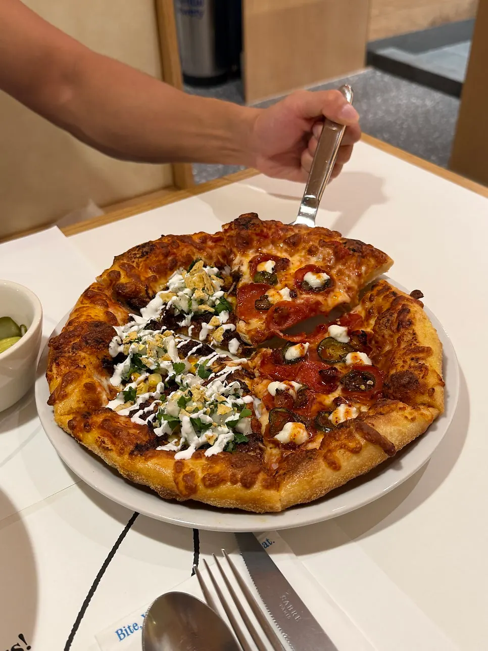 Hot honey pepperoni and birria taco half-and-half pizza