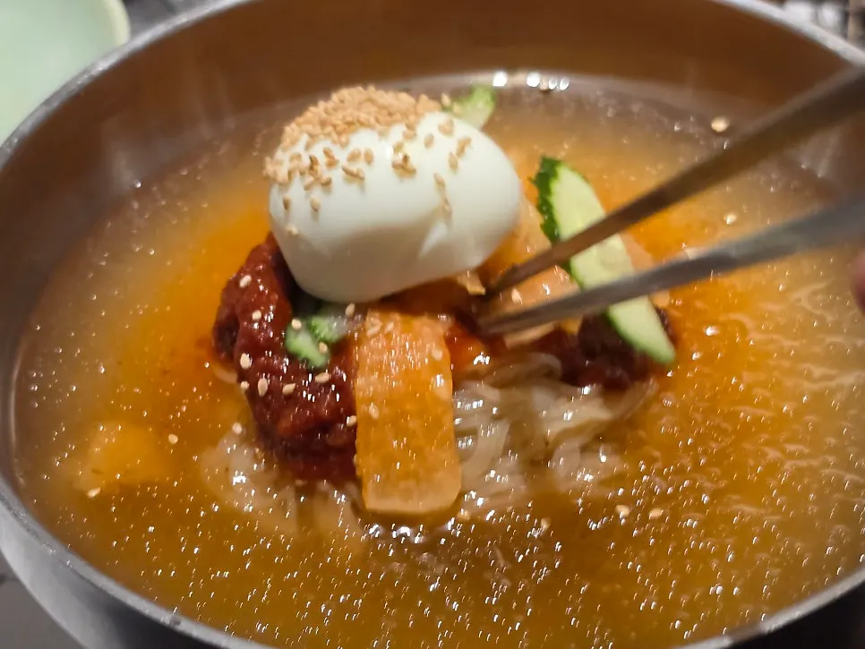 고명이 올라간 물밀면 클로즈업