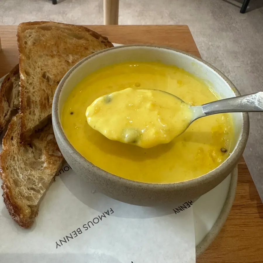 Sourdough bread served alongside the pumpkin soup
