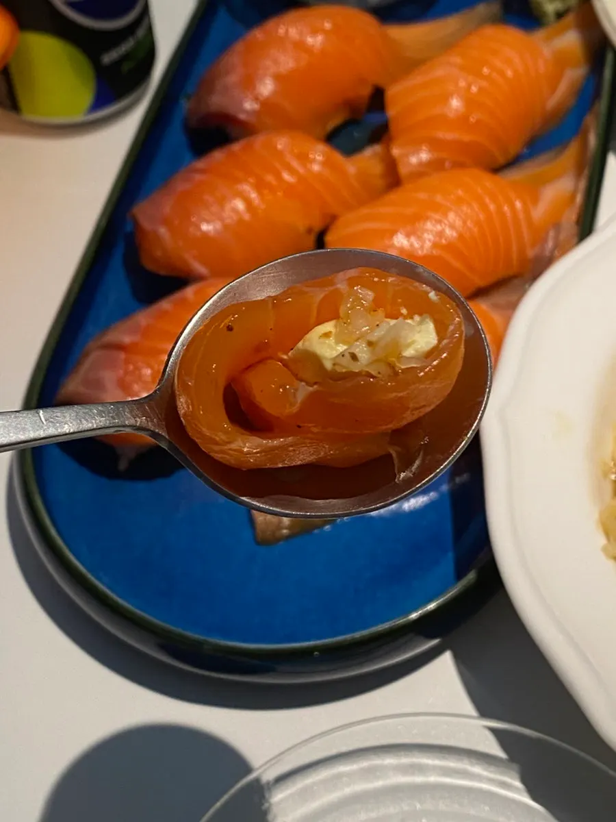 Close-up of the salmon cheese roll with cream cheese inside