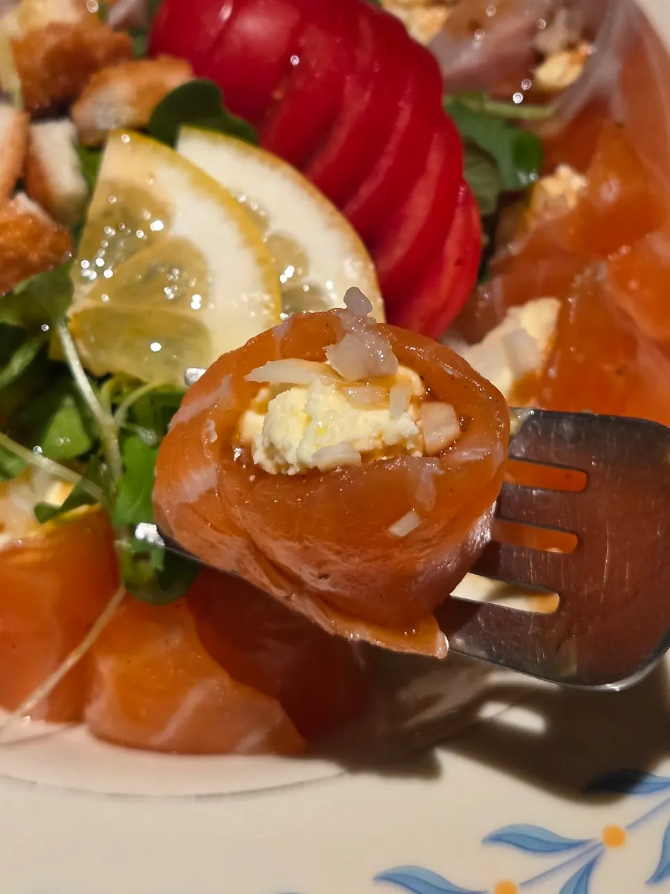 Plate of salmon cheese roll