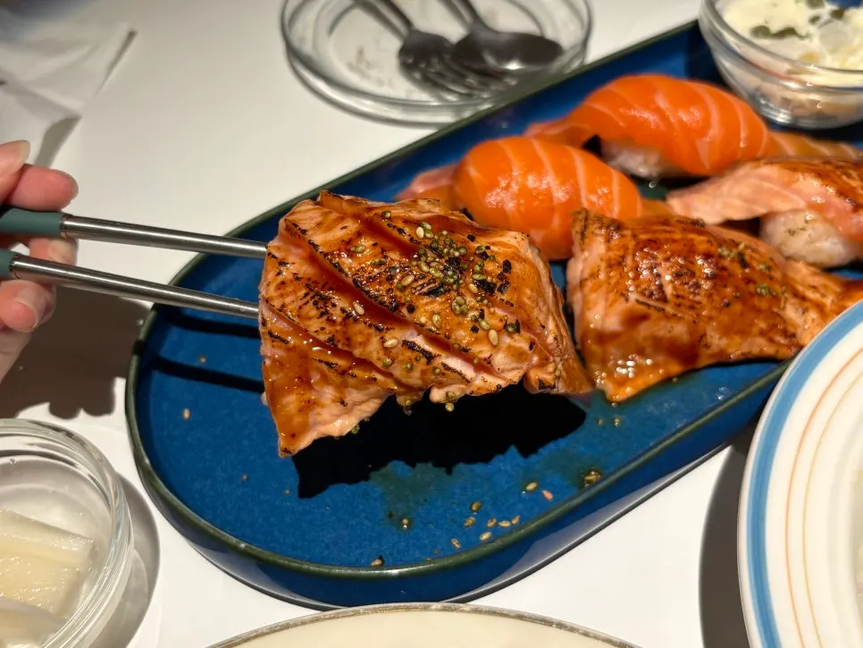 Close-up of a single piece of salmon cream cheese roll