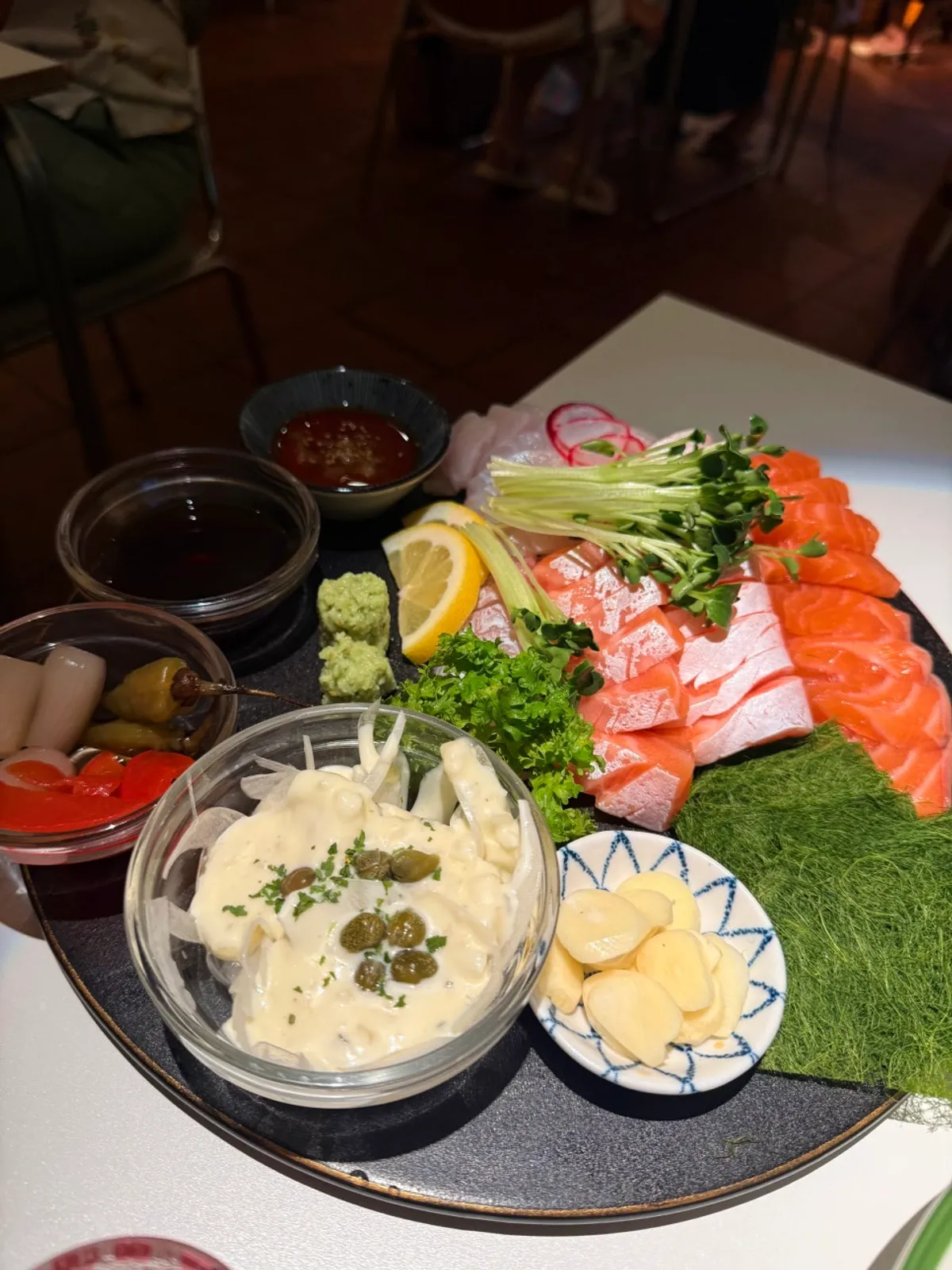 Half salmon and half flounder sashimi platter