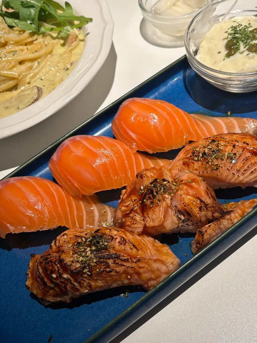Plate of soft-textured salmon sashimi