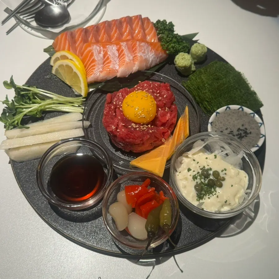 Half salmon, half beef tartare with Busan soju