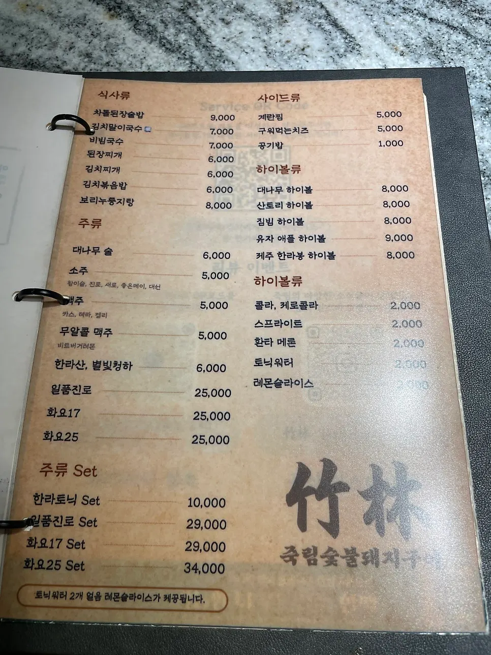 Menu page showing set composition